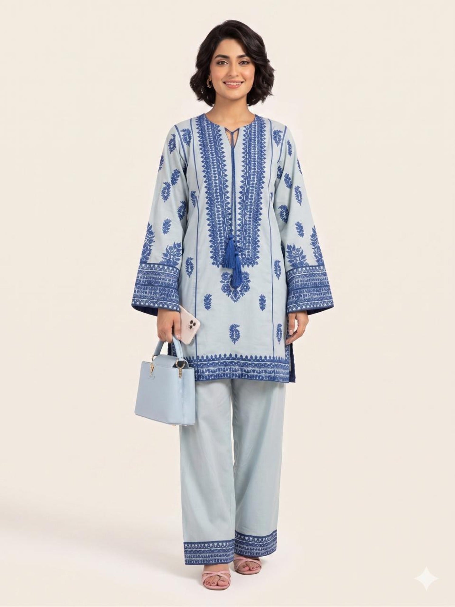 Blue Savarna Cotton Embroidered Stitched 2-Piece Suit