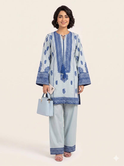 Blue Savarna Cotton Embroidered Stitched 2-Piece Suit