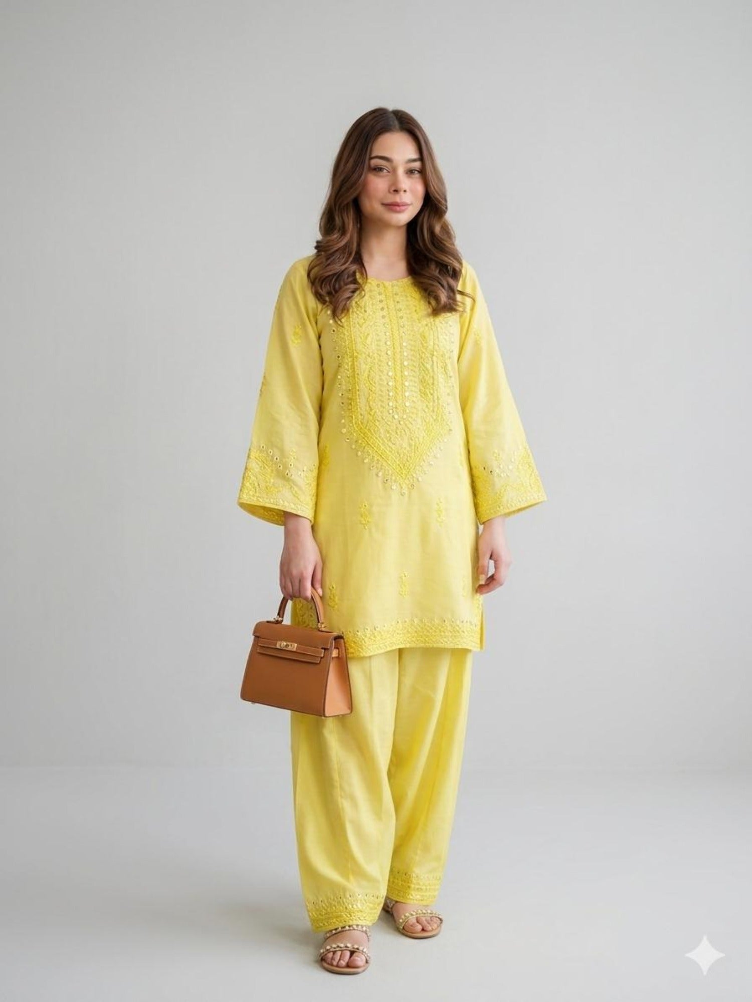 Yellow Savarna Cotton Embroidered Stitched 2-Piece Suit