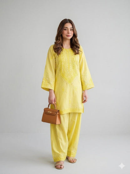 Yellow Savarna Cotton Embroidered Stitched 2-Piece Suit