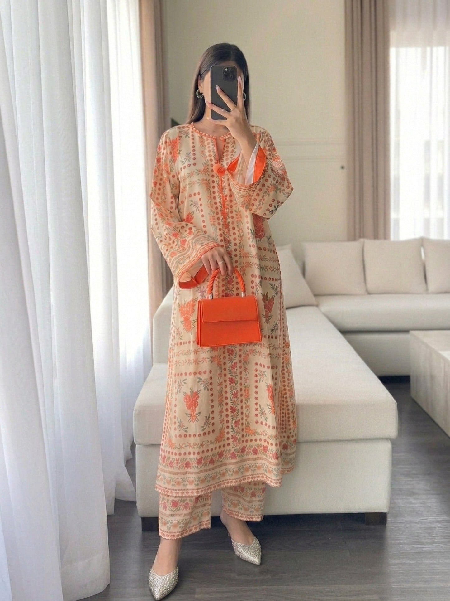 Cream Multi MH Cloth House Blended Lawn Printed Co-Ord Set-Sajan