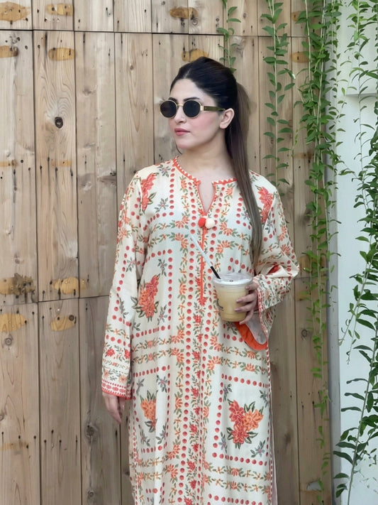 Cream Multi MH Cloth House Blended Lawn Printed Co-Ord Set-Sajan