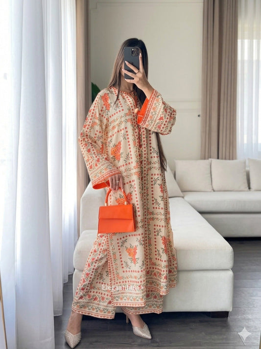 Cream Multi MH Cloth House Blended Lawn Printed Co-Ord Set-Sajan