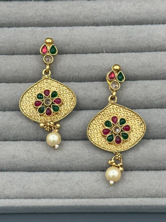 Golden H&A Jewellery Indian Rajwari Gold Polished Earrings with Semi-Precious Stones