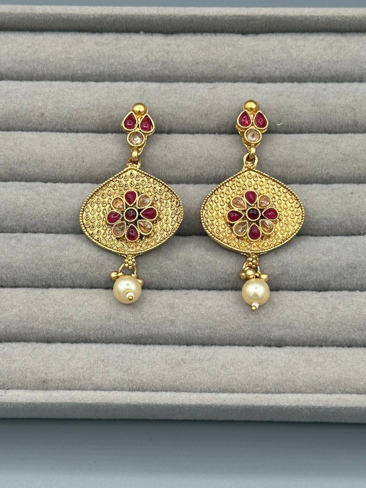 Golden H&A Jewellery Indian Rajwari Gold Polished Earrings with Semi-Precious Stones