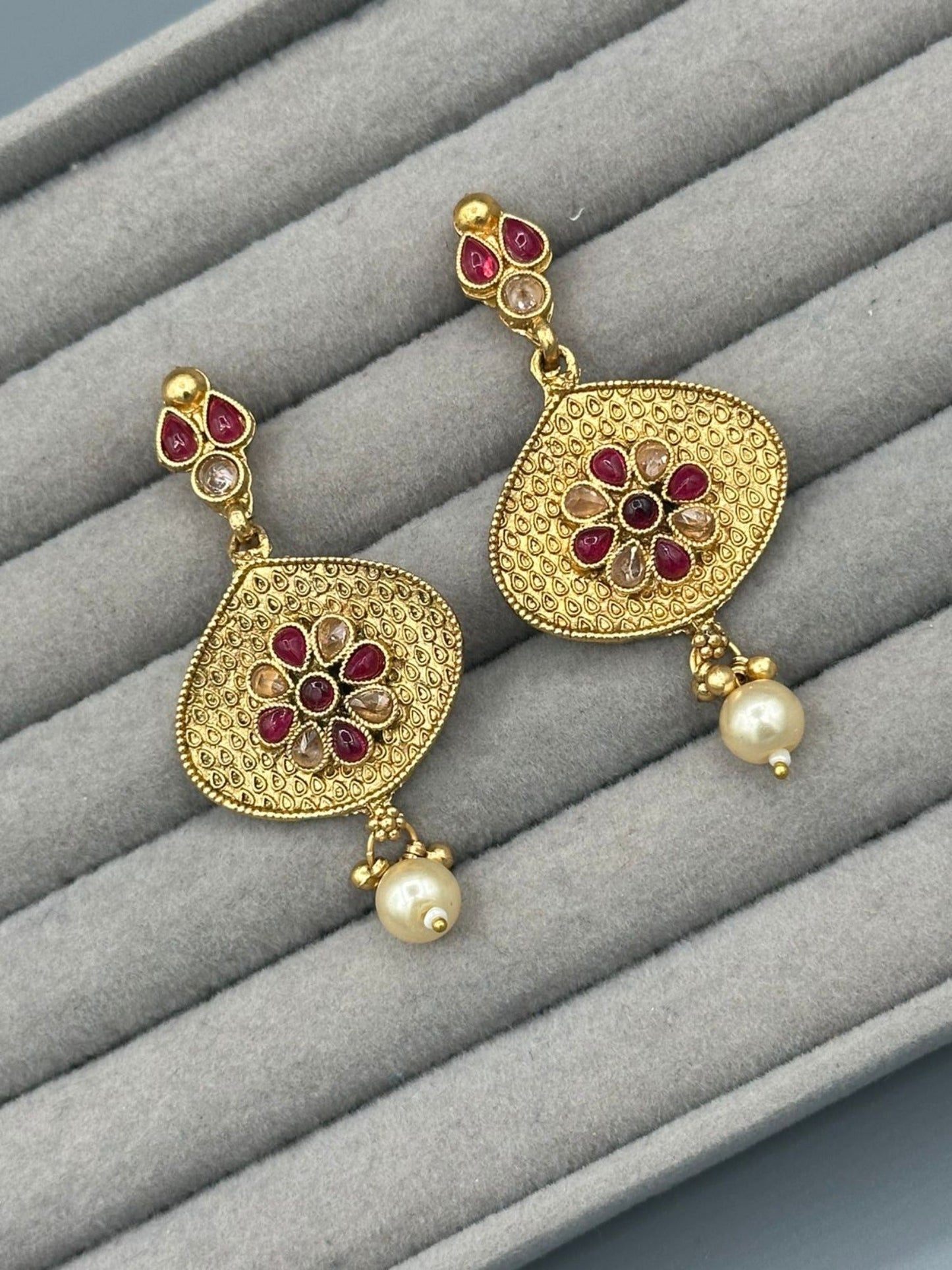 Golden H&A Jewellery Indian Rajwari Gold Polished Earrings with Semi-Precious Stones