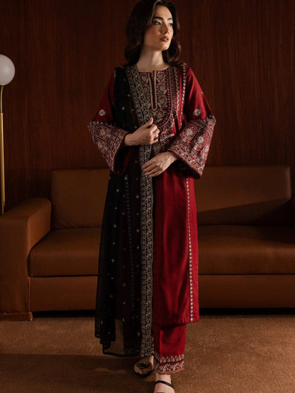 Maroon Black Silai Libas Linen Embroidered Stitched 3-Piece Suit-Ayat