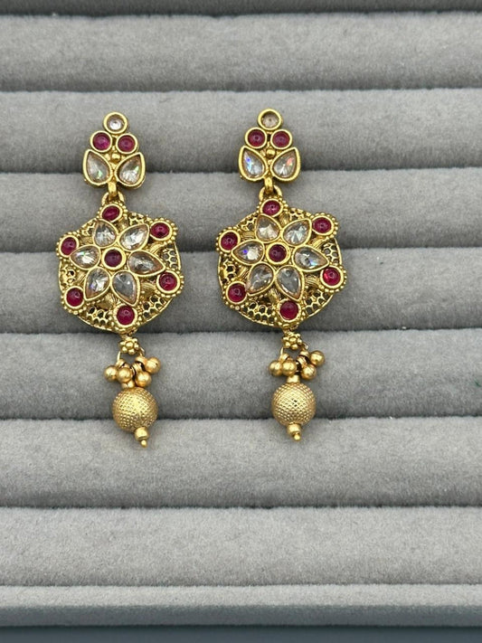 Golden H&A Jewellery Indian Rajwari Gold Polished Earrings with Semi-Precious Stones