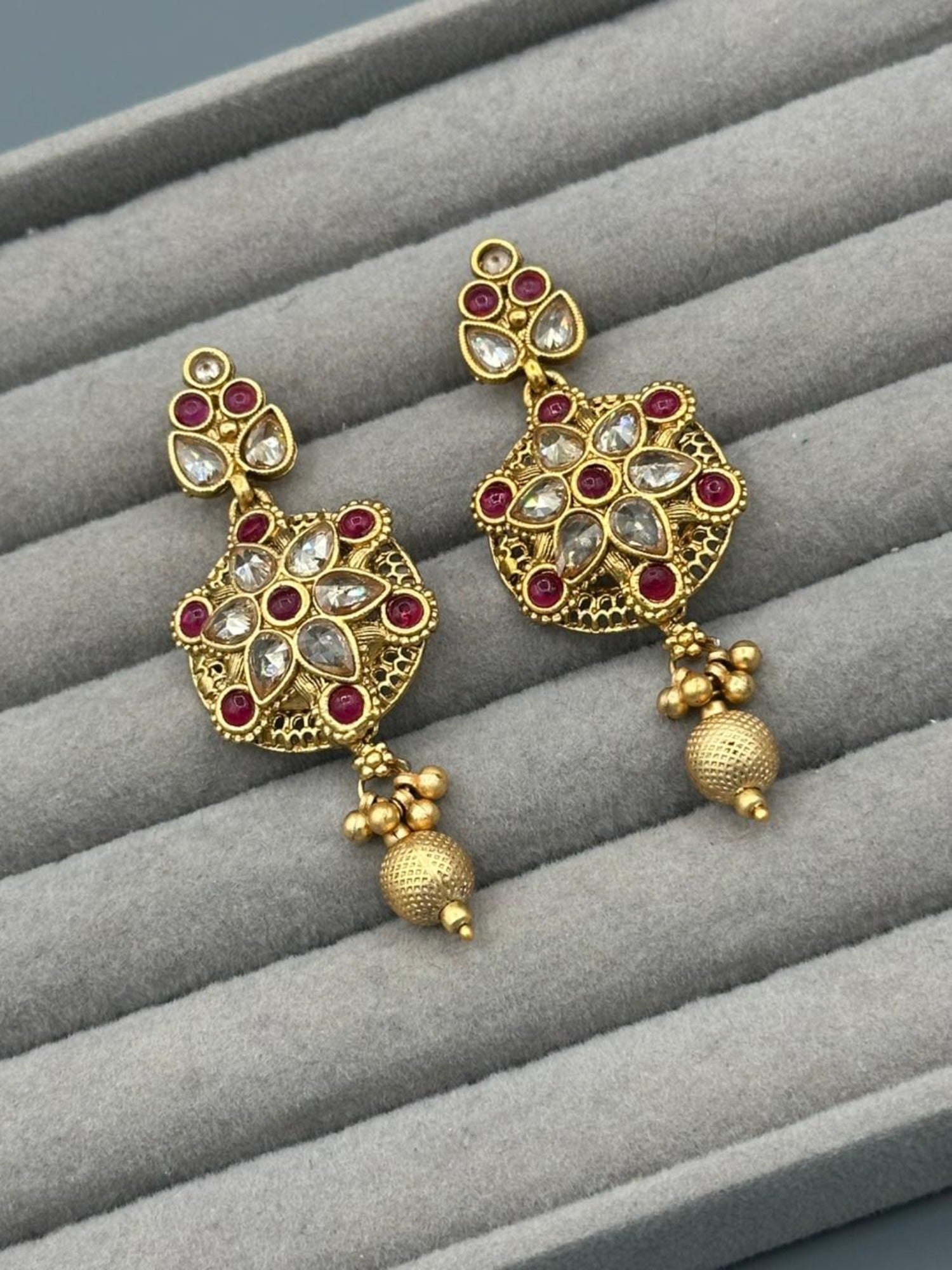Golden H&A Jewellery Indian Rajwari Gold Polished Earrings with Semi-Precious Stones