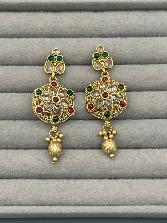 Golden H&A Jewellery Indian Rajwari Gold Polished Earrings with Semi-Precious Stones