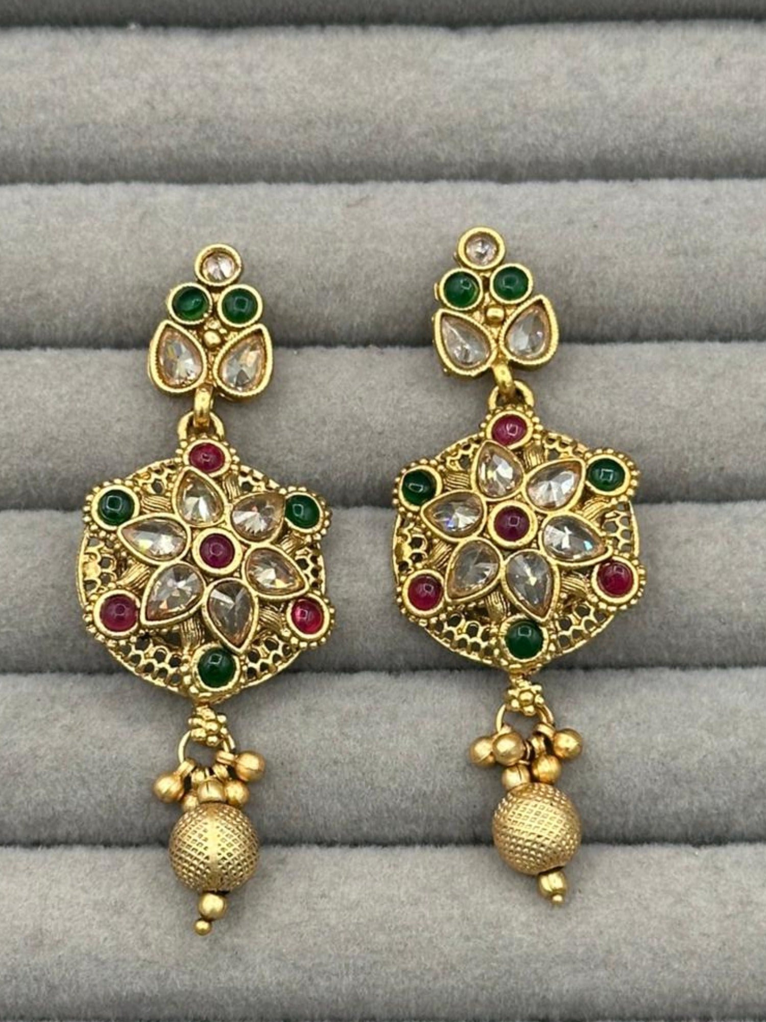 Golden H&A Jewellery Indian Rajwari Gold Polished Earrings with Semi-Precious Stones