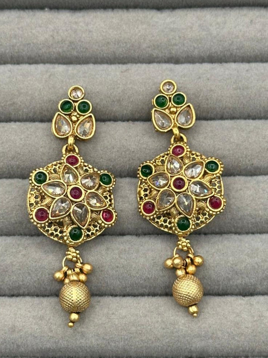 Golden H&A Jewellery Indian Rajwari Gold Polished Earrings with Semi-Precious Stones