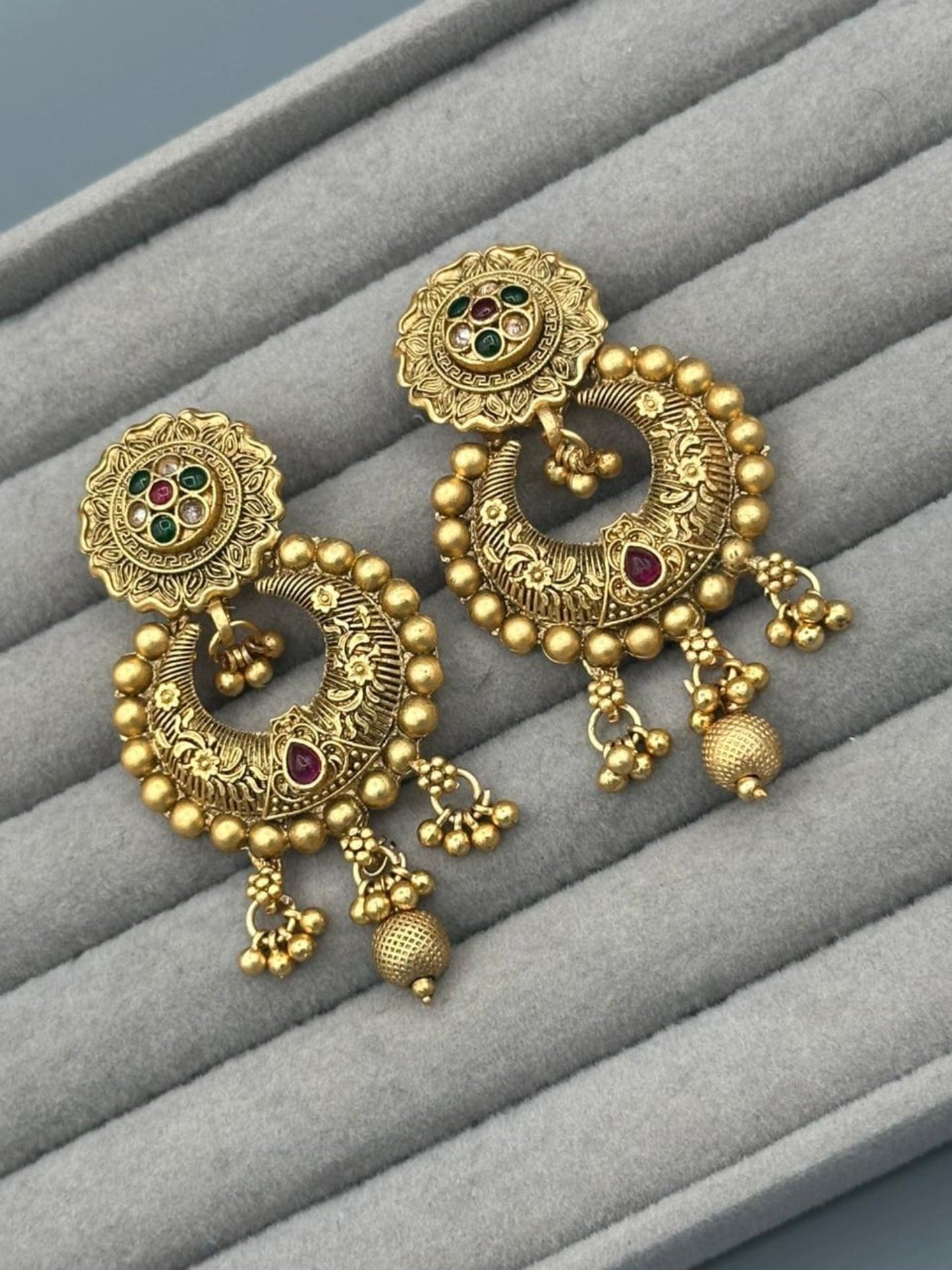 Golden H&A Jewellery Indian Rajwari Gold Polished Earrings with Semi-Precious Stones