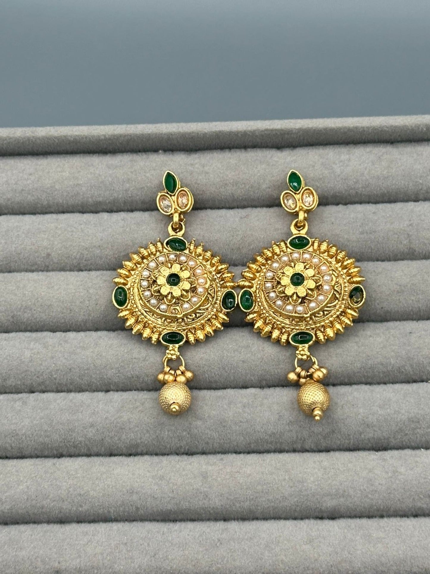 Golden H&A Jewellery Indian Rajwari Gold Polished Earrings with Semi-Precious Stones