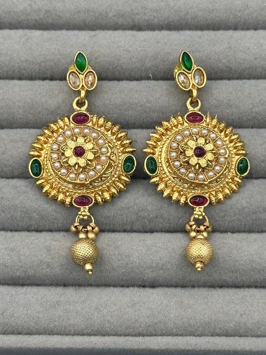Golden H&A Jewellery Indian Rajwari Gold Polished Earrings with Semi-Precious Stones