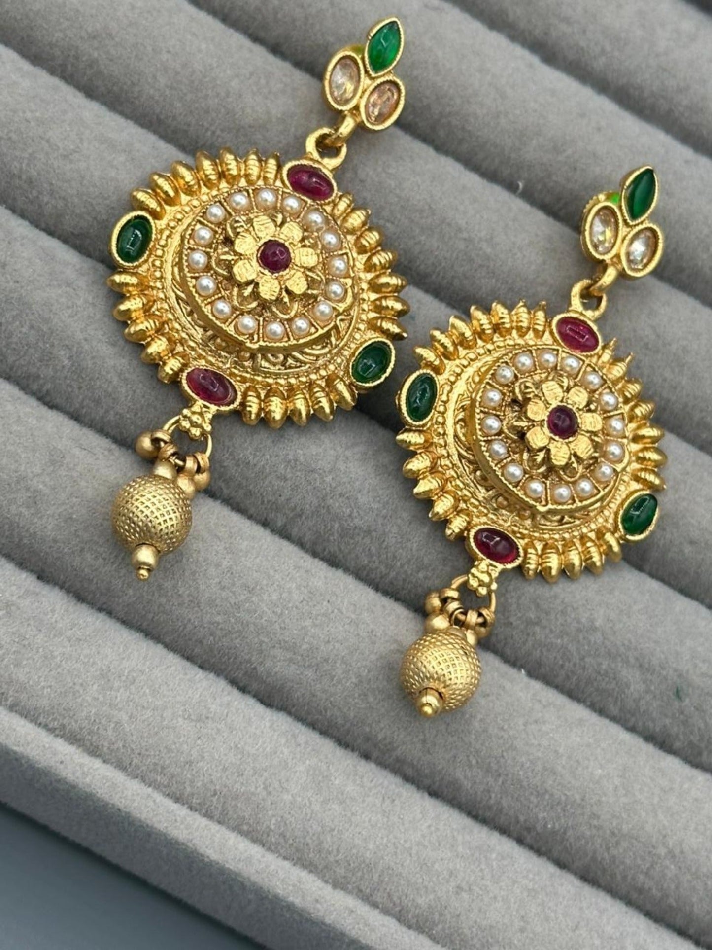 Golden H&A Jewellery Indian Rajwari Gold Polished Earrings with Semi-Precious Stones