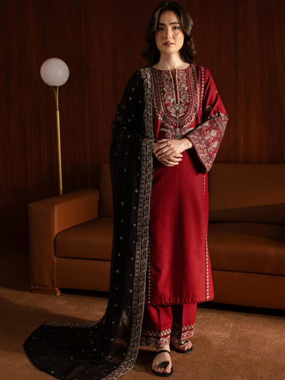 Maroon Black Silai Libas Linen Embroidered Stitched 3-Piece Suit-Ayat