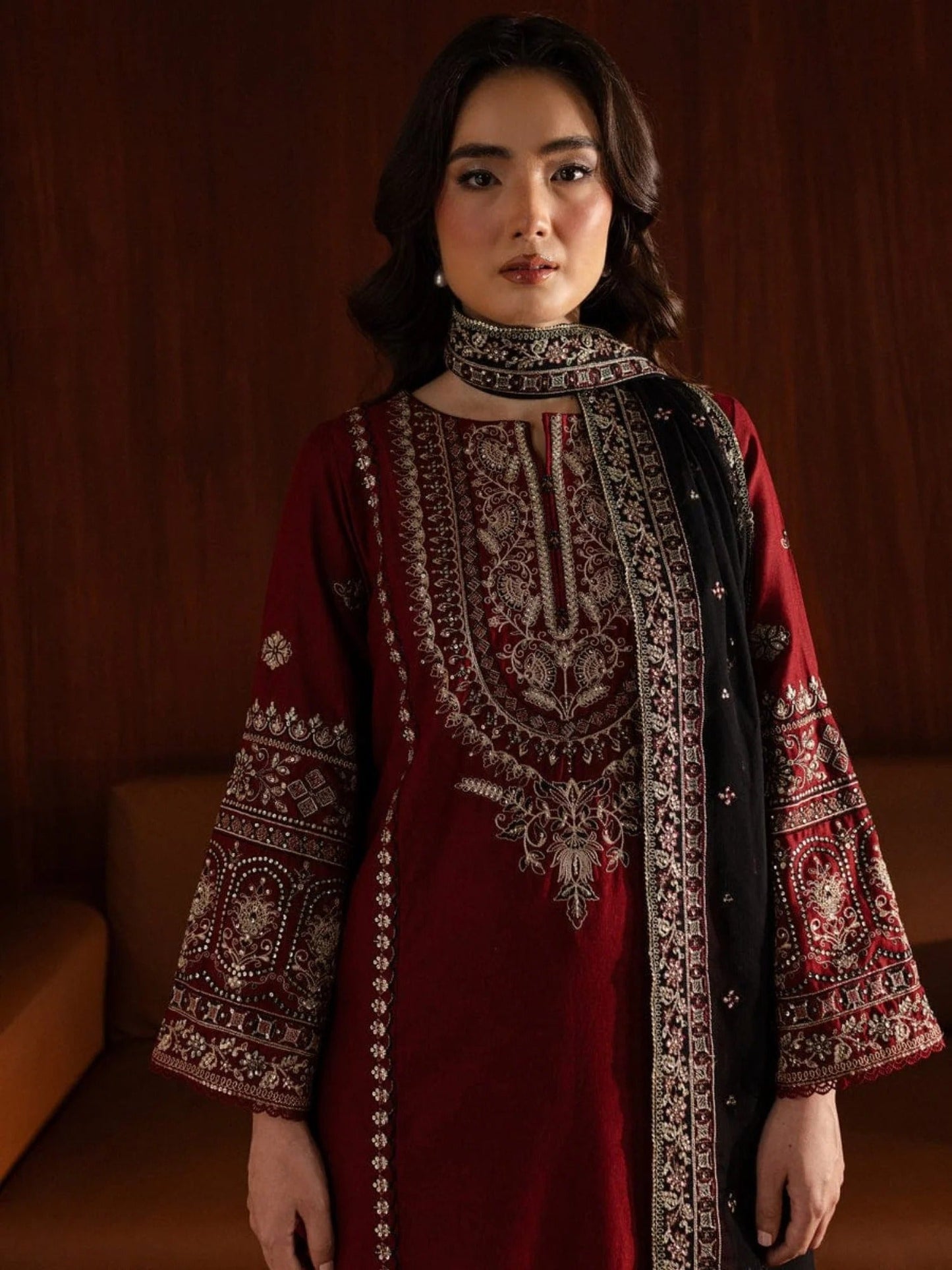 Maroon Black Silai Libas Linen Embroidered Stitched 3-Piece Suit-Ayat