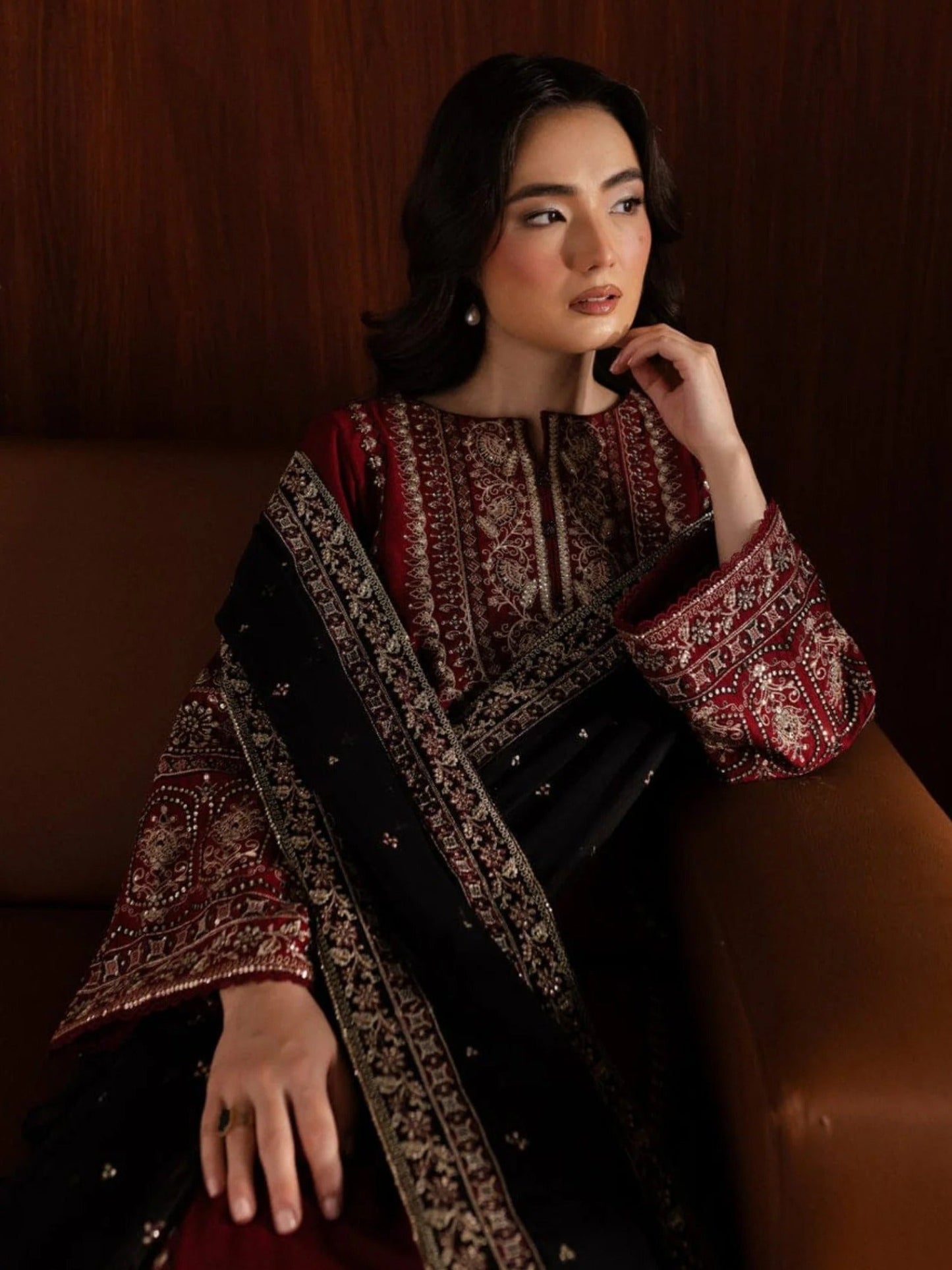 Maroon Black Silai Libas Linen Embroidered Stitched 3-Piece Suit-Ayat