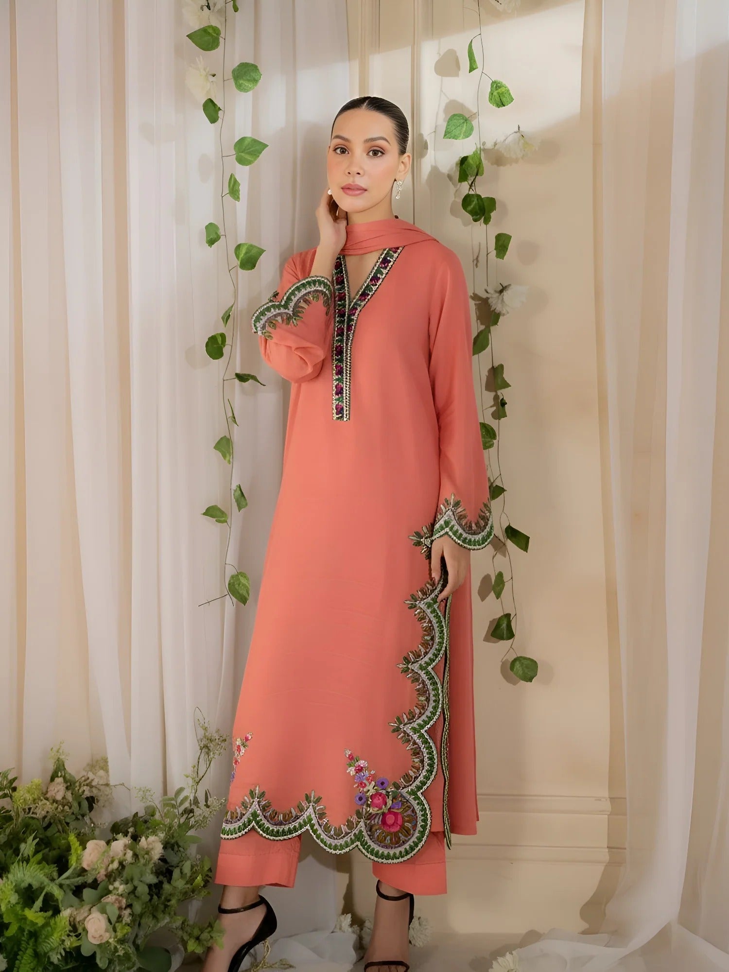 Salmon Pink Silai Libas Linen Embroidered Stitched 2-Piece Suit-Gulbahar
