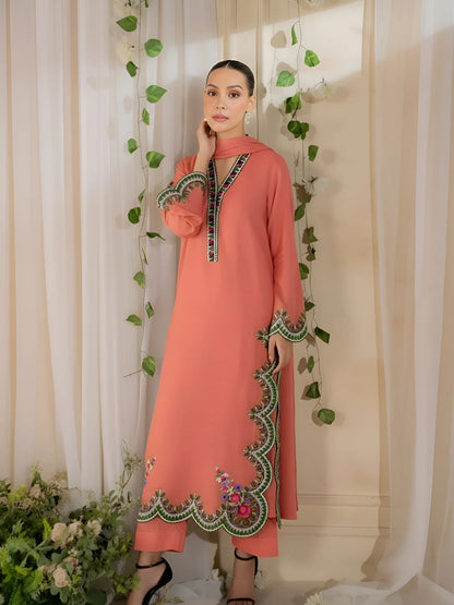 Salmon Pink Silai Libas Linen Embroidered Stitched 2-Piece Suit-Gulbahar
