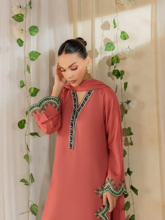 Salmon Pink Silai Libas Linen Embroidered Stitched 2-Piece Suit-Gulbahar