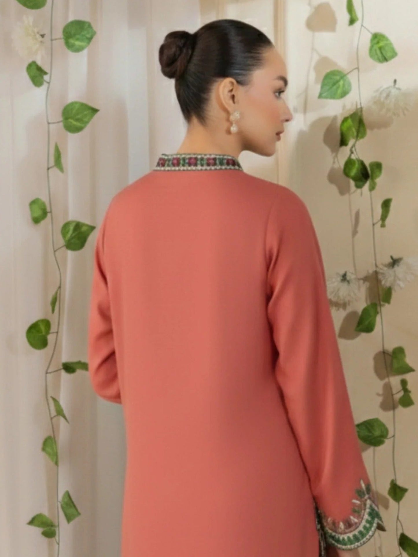 Salmon Pink Silai Libas Linen Embroidered Stitched 2-Piece Suit-Gulbahar