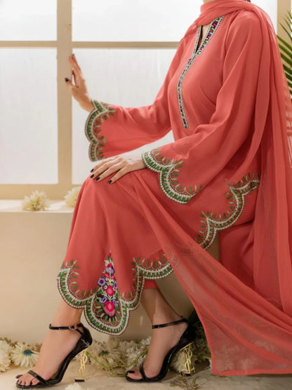 Salmon Pink Silai Libas Linen Embroidered Stitched 2-Piece Suit-Gulbahar