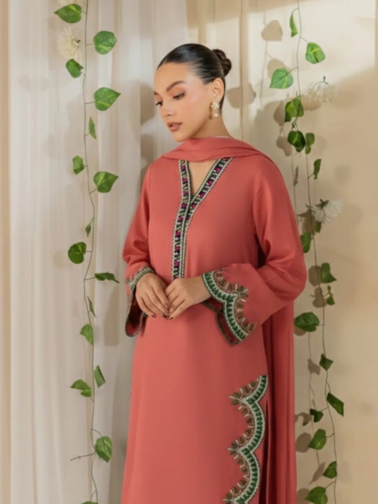 Salmon Pink Silai Libas Linen Embroidered Stitched 2-Piece Suit-Gulbahar