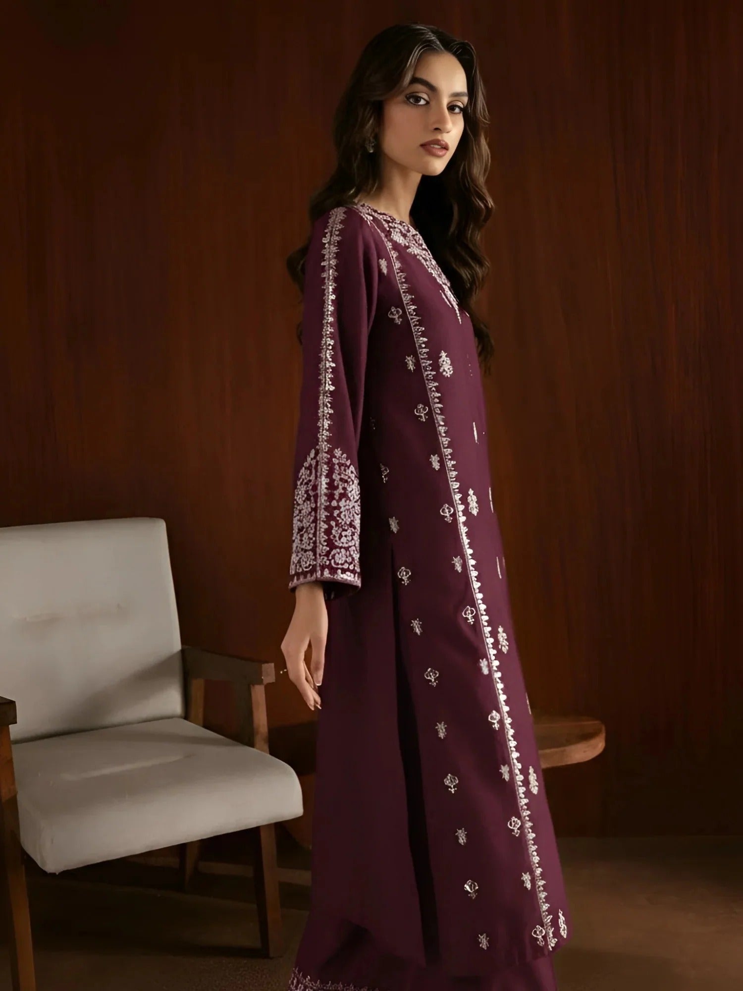 Purple Silai Libas Linen Embroidered Stitched 2-Piece Suit-Deep Sapphire