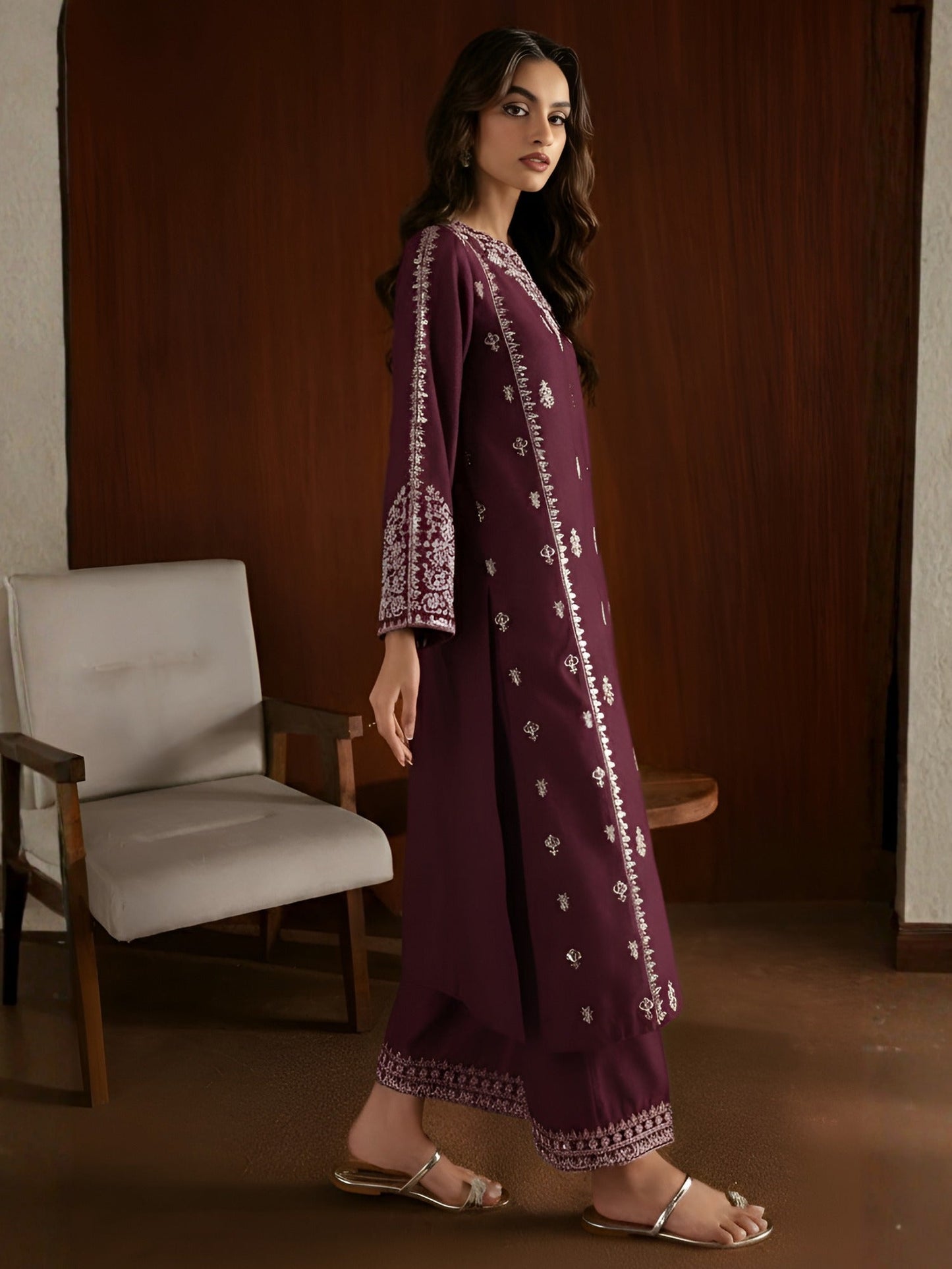 Purple Silai Libas Linen Embroidered Stitched 2-Piece Suit-Deep Sapphire
