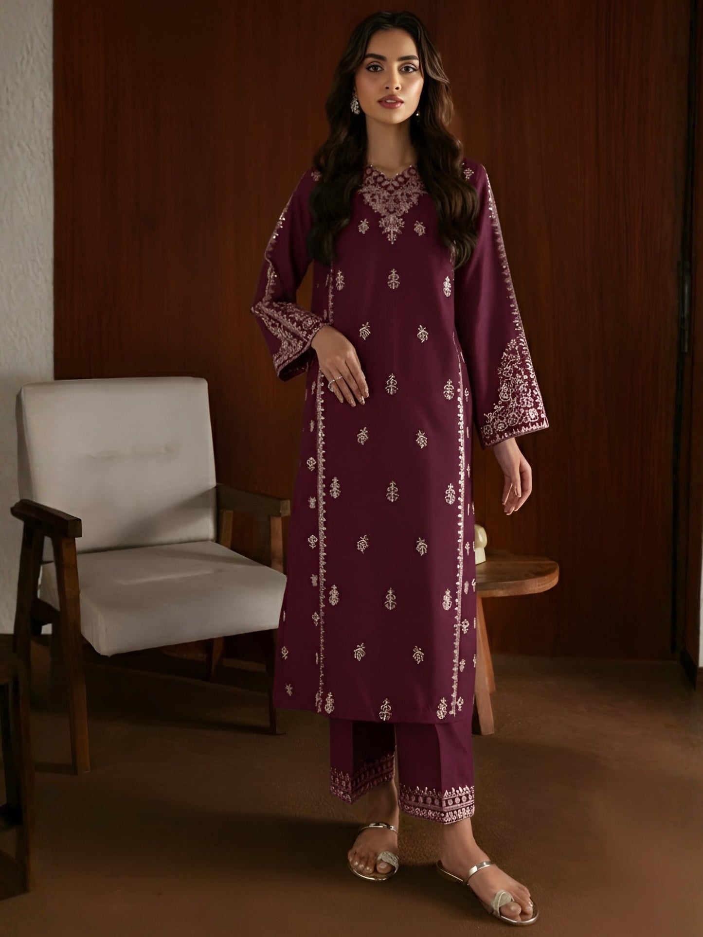 Purple Silai Libas Linen Embroidered Stitched 2-Piece Suit-Deep Sapphire