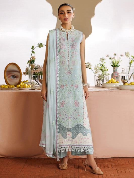 Blue-Mahnur Morbagh Luxury Lawn'26 Embroidered Stitched 3-Piece Suit-M-01