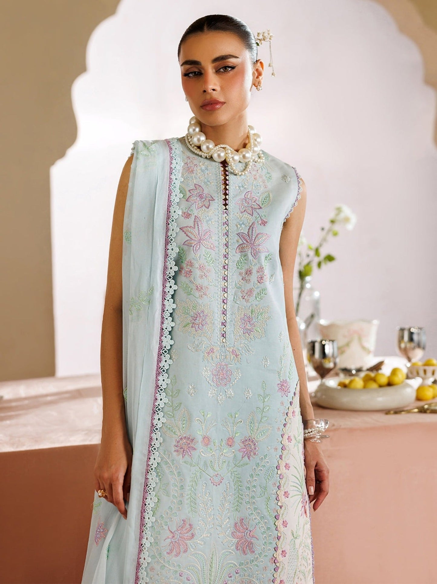 Blue-Mahnur Morbagh Luxury Lawn'26 Embroidered Stitched 3-Piece Suit-M-01