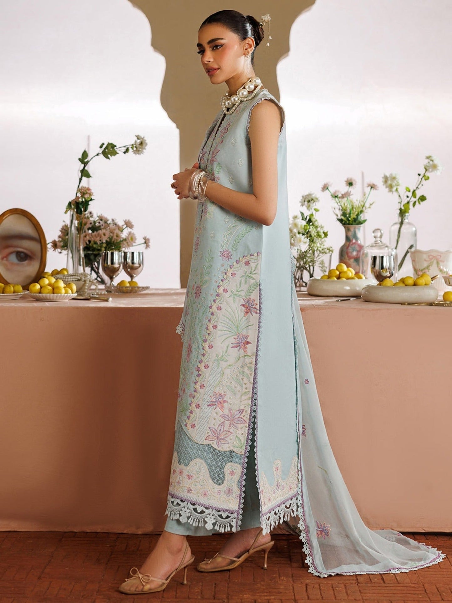 Blue-Mahnur Morbagh Luxury Lawn'26 Embroidered Unstitched 3-Piece Suit-M-01