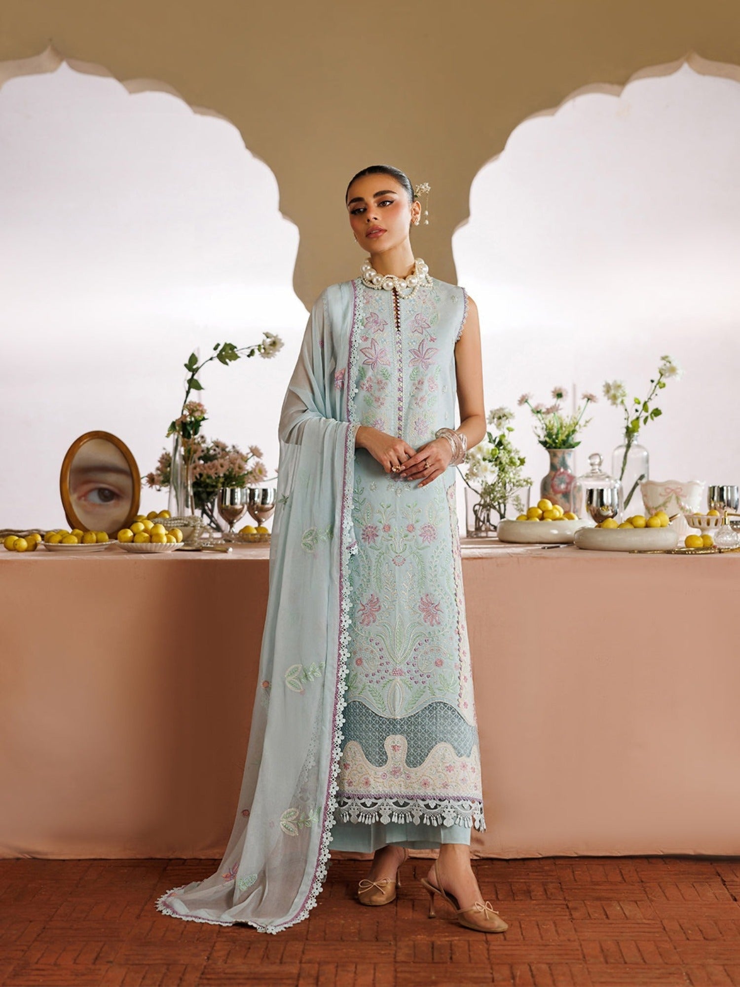 Blue-Mahnur Morbagh Luxury Lawn'26 Embroidered Unstitched 3-Piece Suit-M-01