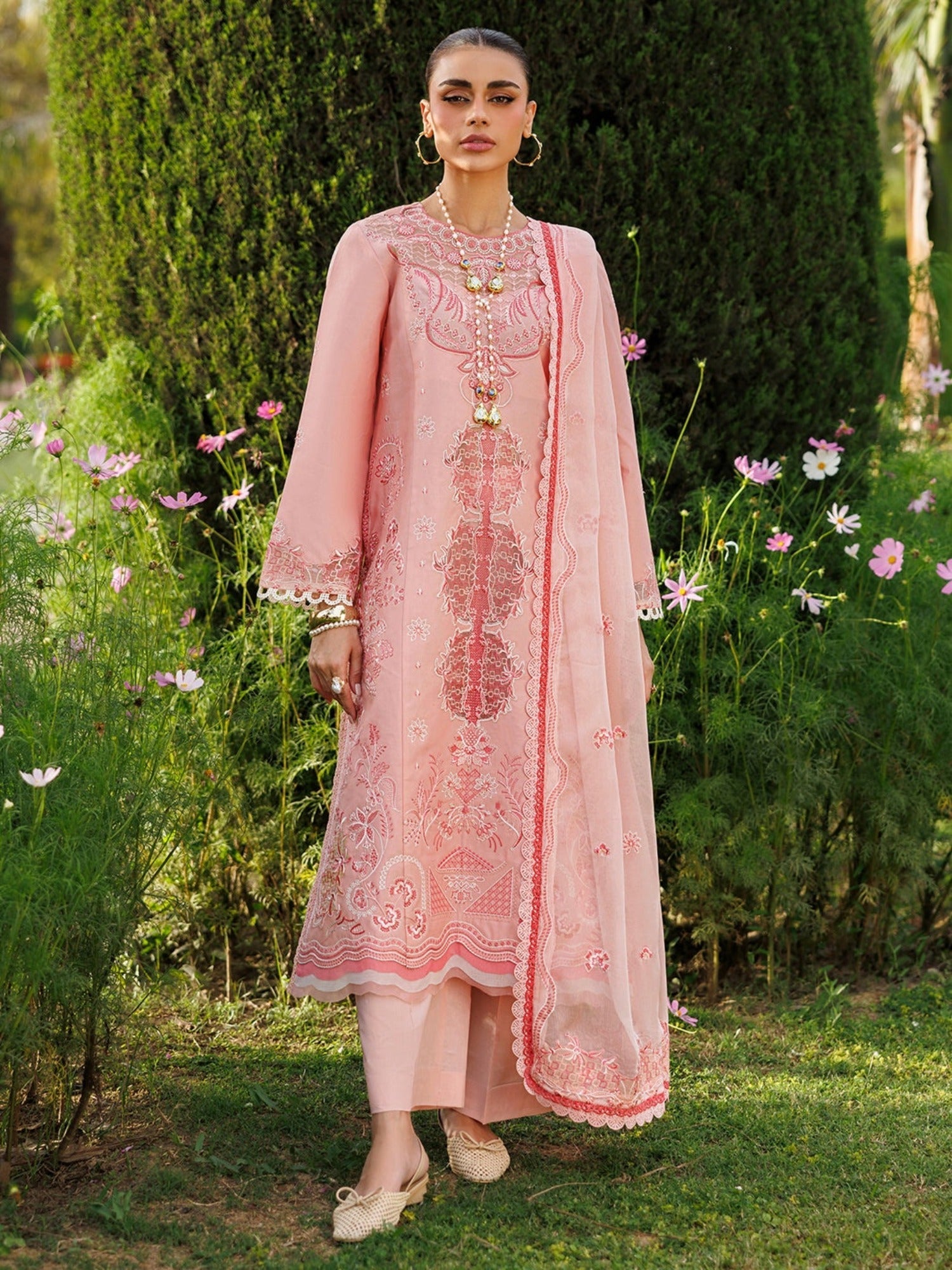 Pink-Mahnur Morbagh Luxury Lawn'26 Embroidered Unstitched 3-Piece Suit-M-05