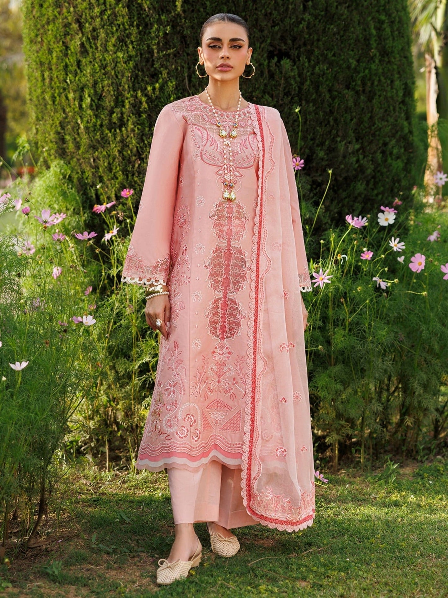Pink-Mahnur Morbagh Luxury Lawn'26 Embroidered Stitched 3-Piece Suit-M-05