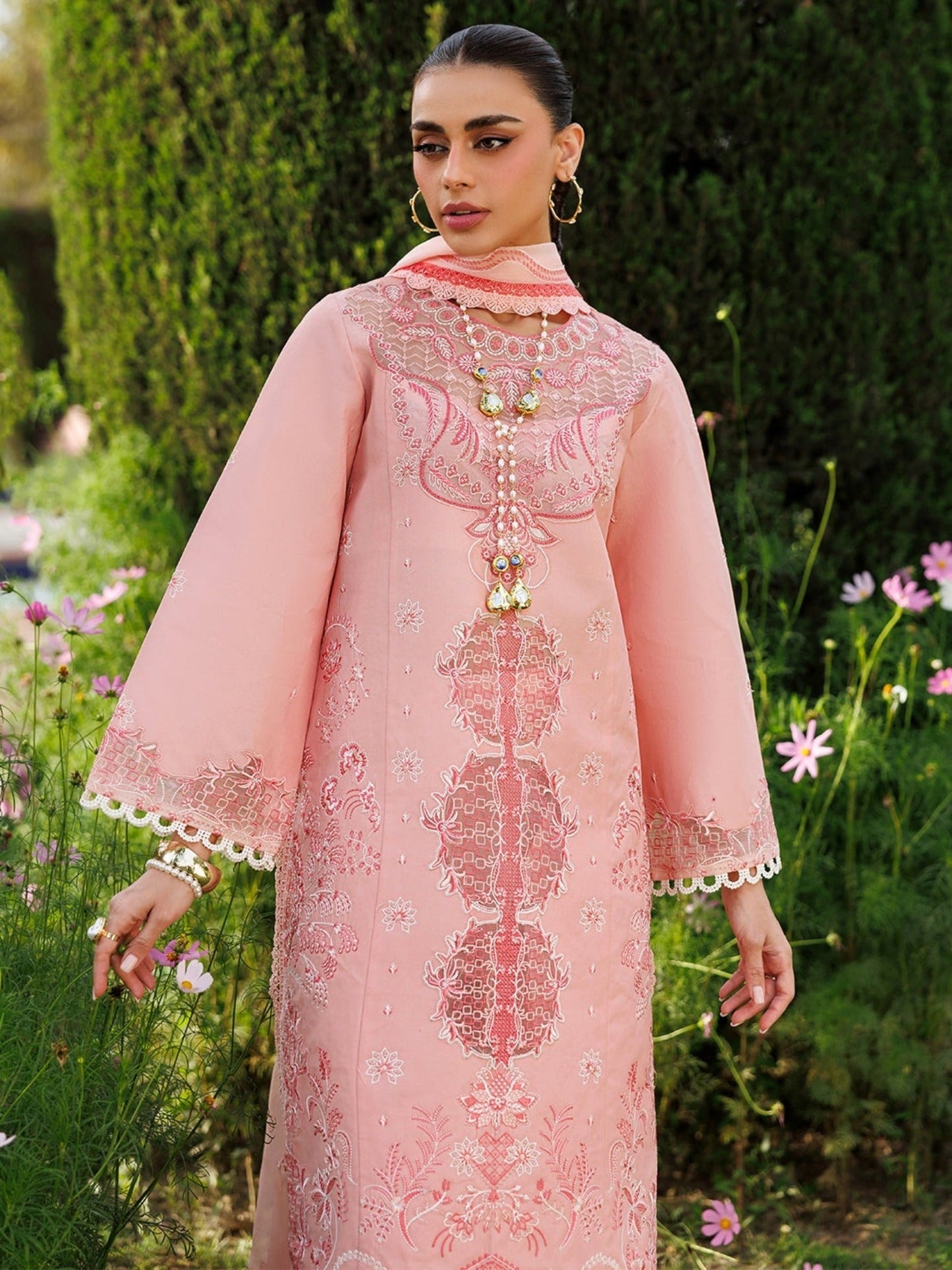 Pink-Mahnur Morbagh Luxury Lawn'26 Embroidered Stitched 3-Piece Suit-M-05