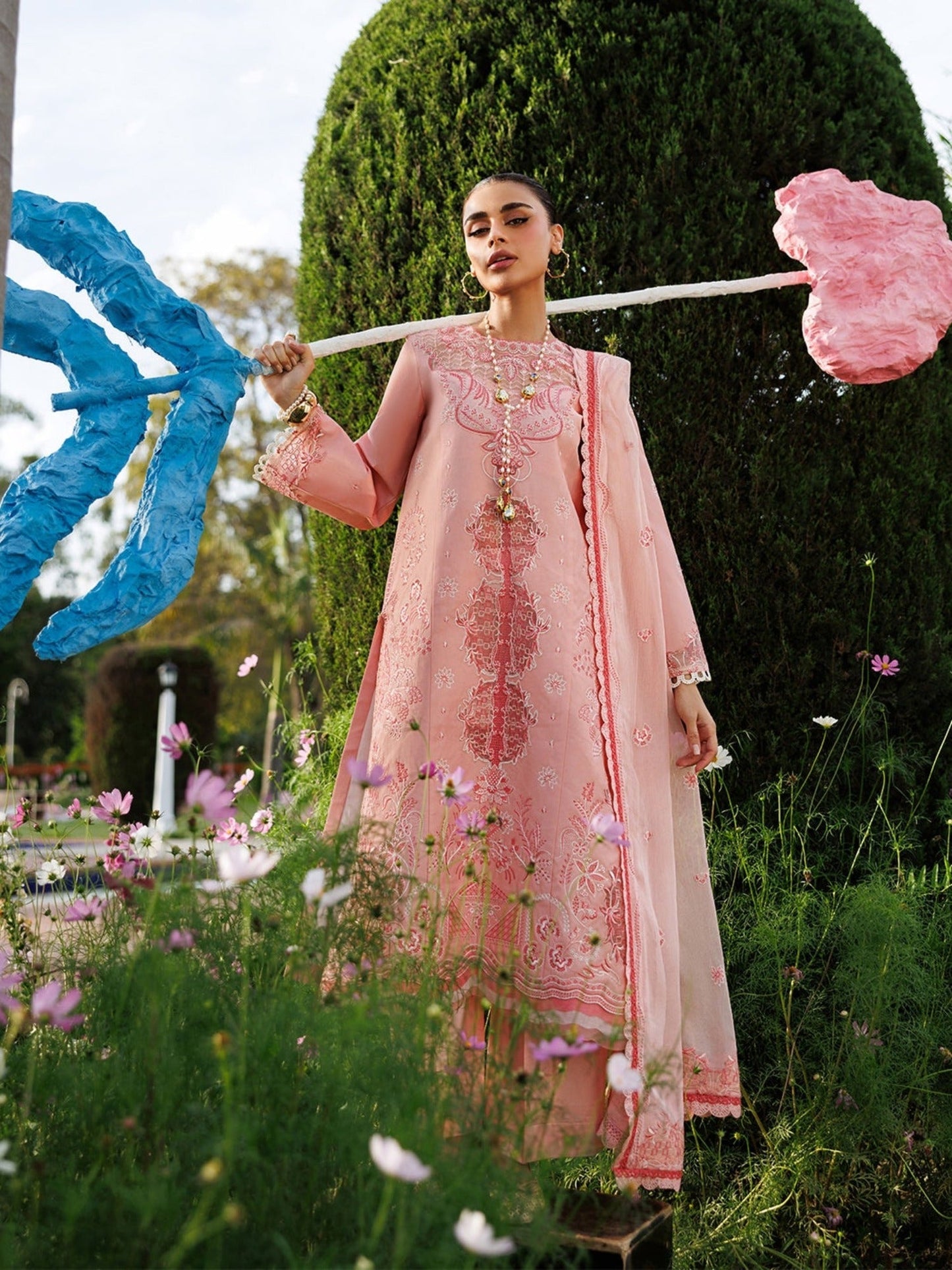 Pink-Mahnur Morbagh Luxury Lawn'26 Embroidered Stitched 3-Piece Suit-M-05