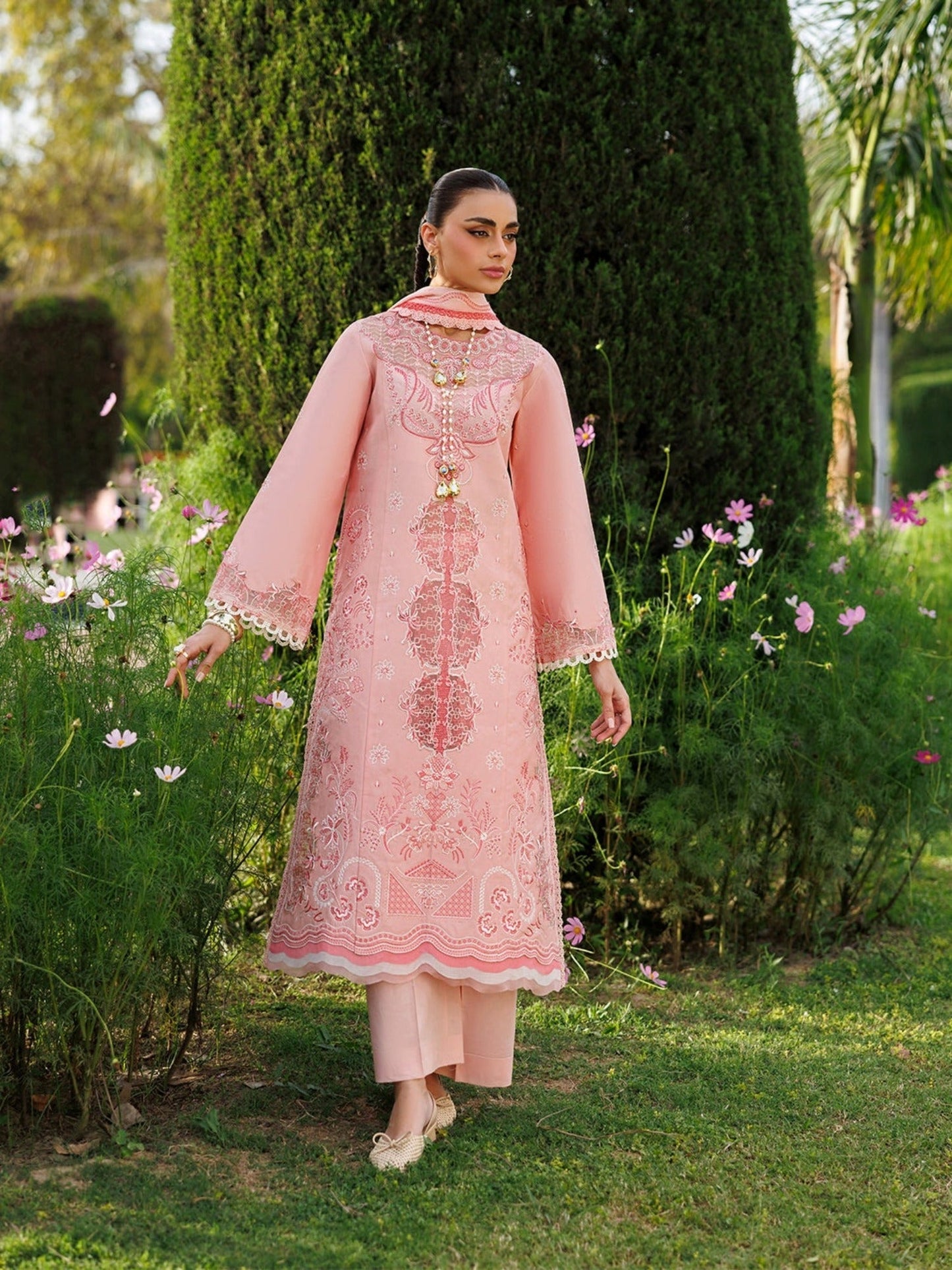 Pink-Mahnur Morbagh Luxury Lawn'26 Embroidered Stitched 3-Piece Suit-M-05