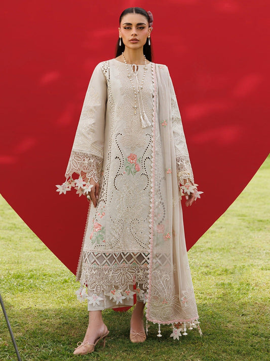 Cream-Mahnur Morbagh Luxury Lawn'26 Embroidered Unstitched 3-Piece Suit-M-07