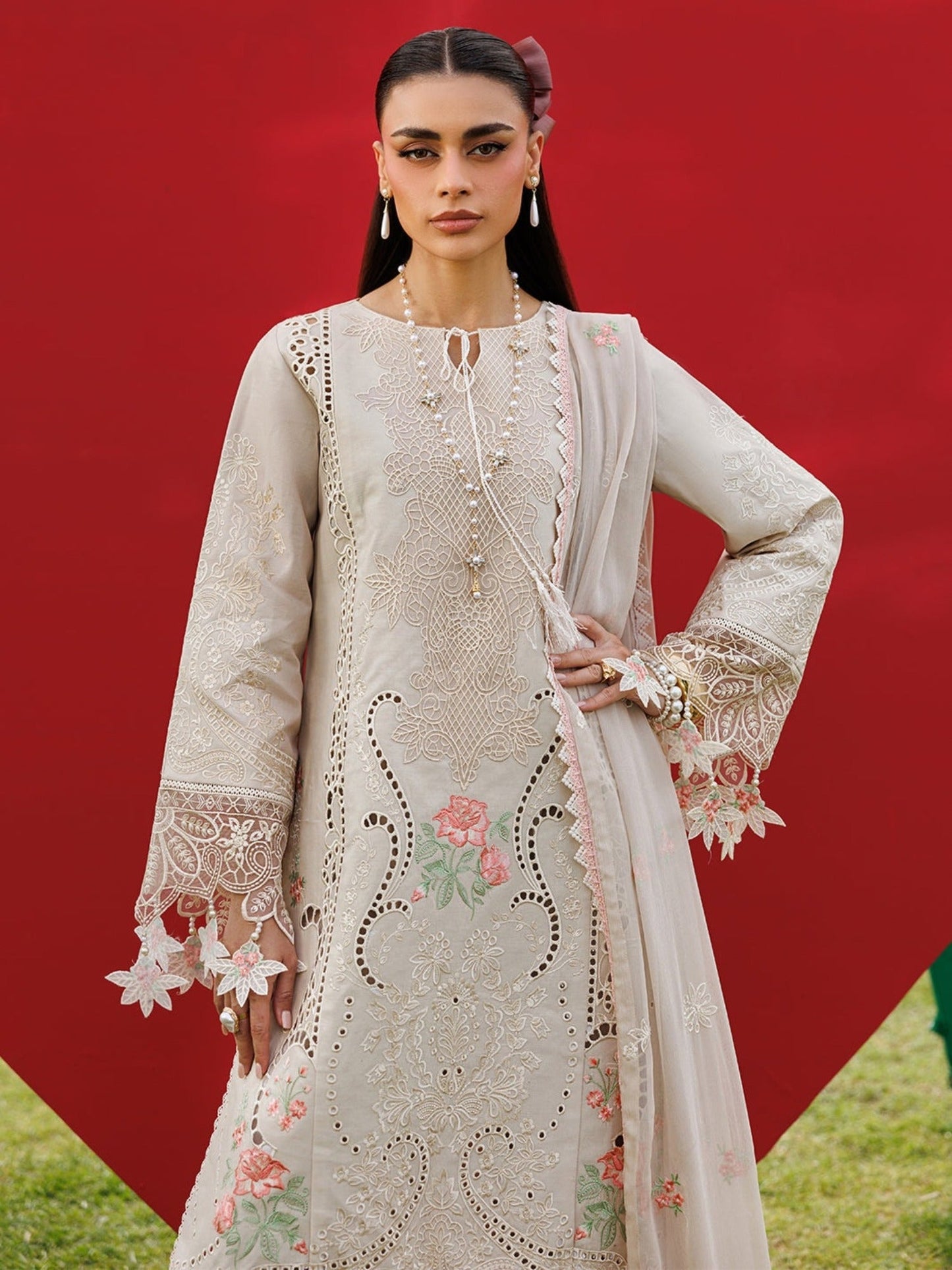 Cream-Mahnur Morbagh Luxury Lawn'26 Embroidered Unstitched 3-Piece Suit-M-07