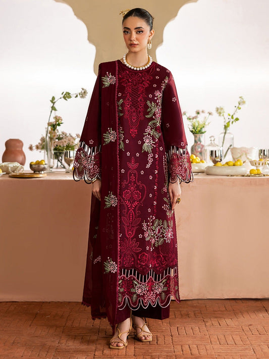Maroon-Mahnur Morbagh Luxury Lawn'26 Embroidered Unstitched 3-Piece Suit-M-10