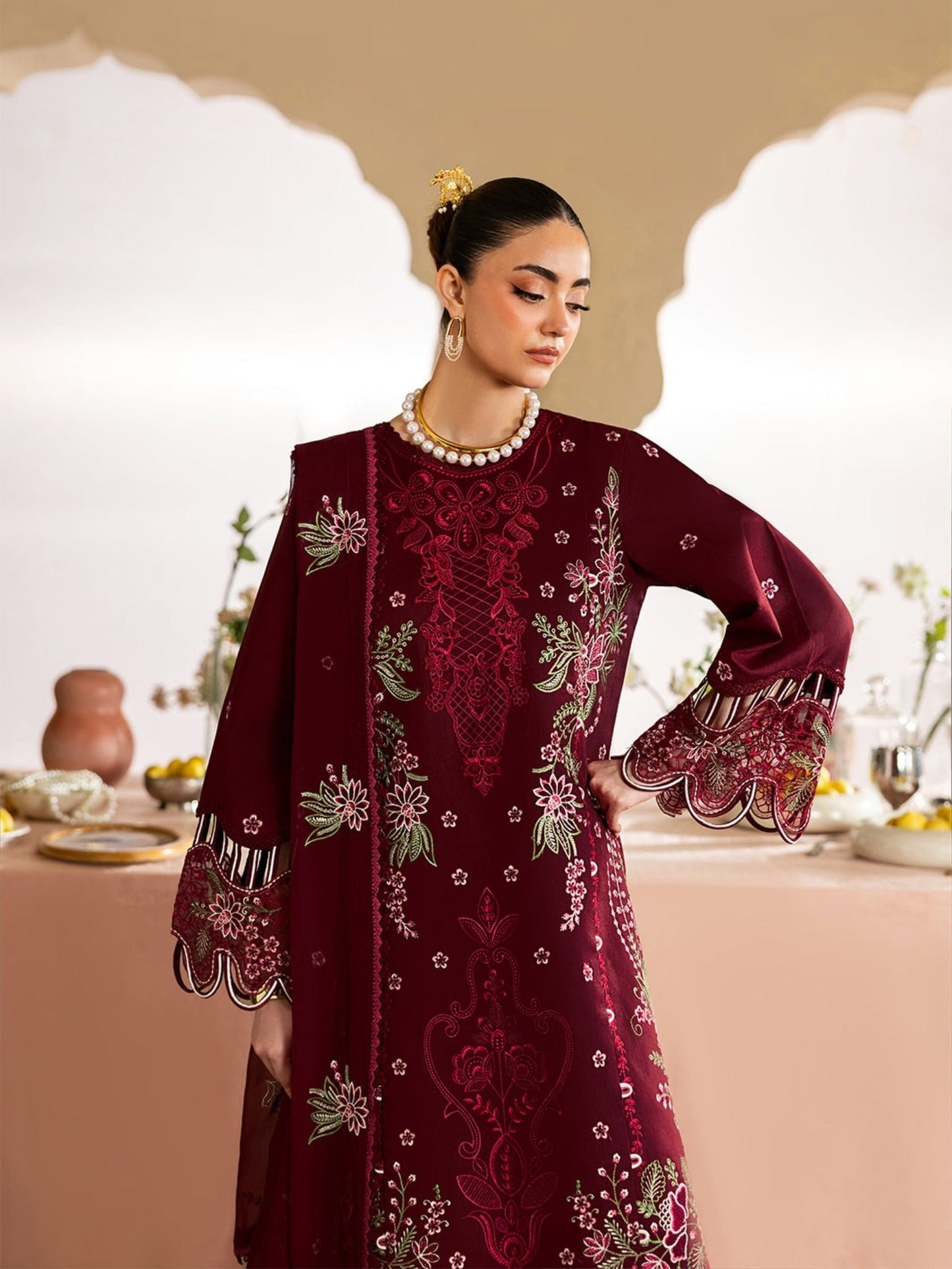 Maroon-Mahnur Morbagh Luxury Lawn'26 Embroidered Unstitched 3-Piece Suit-M-10