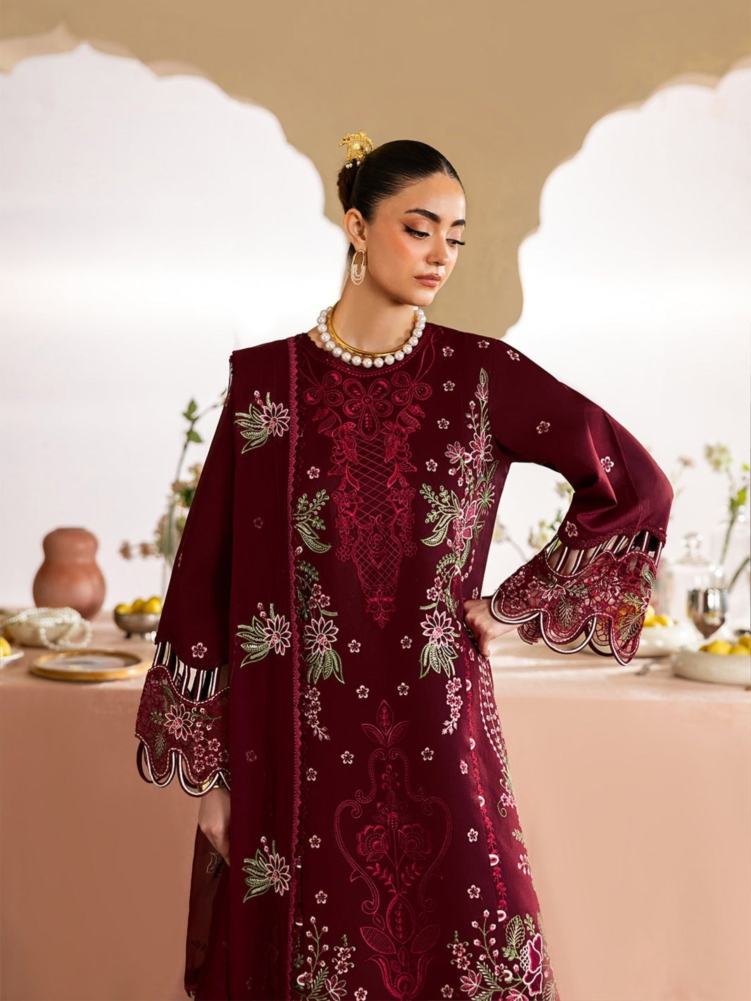 Maroon-Mahnur Morbagh Luxury Lawn'26 Embroidered Stitched 3-Piece Suit-M-10