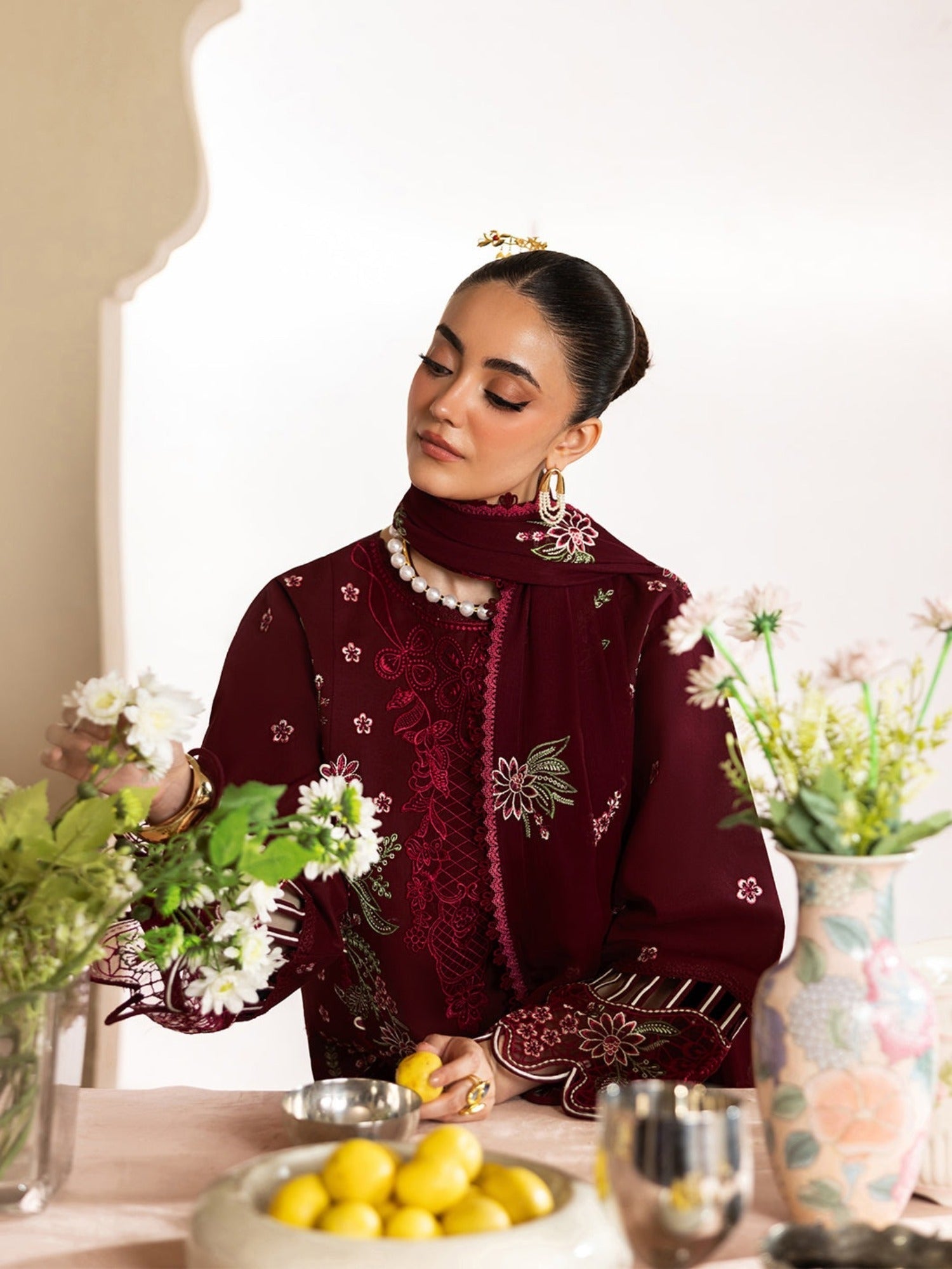 Maroon-Mahnur Morbagh Luxury Lawn'26 Embroidered Stitched 3-Piece Suit-M-10
