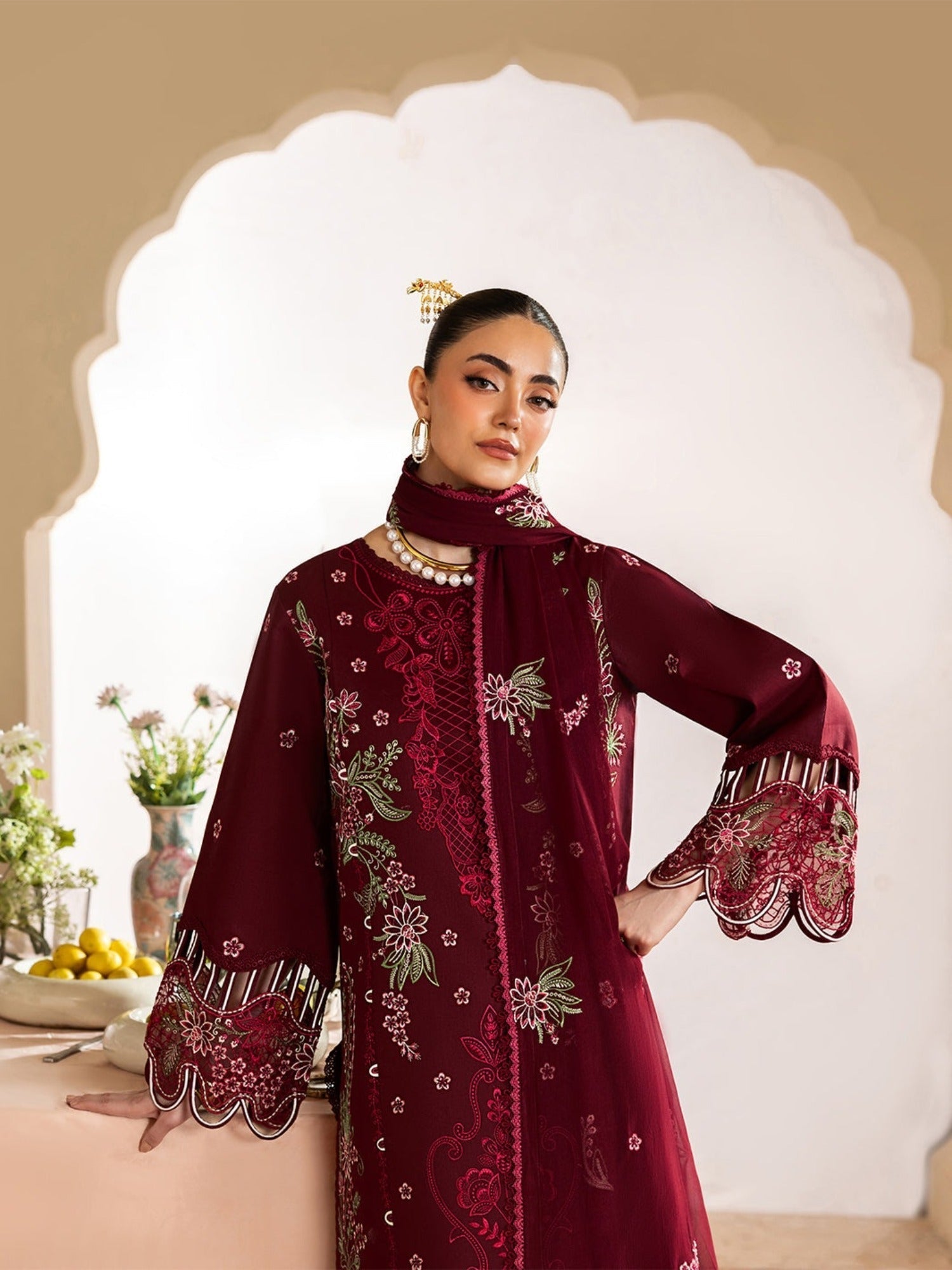Maroon-Mahnur Morbagh Luxury Lawn'26 Embroidered Stitched 3-Piece Suit-M-10