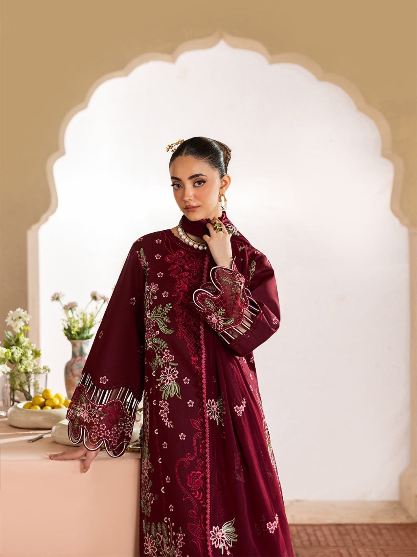 Maroon-Mahnur Morbagh Luxury Lawn'26 Embroidered Unstitched 3-Piece Suit-M-10