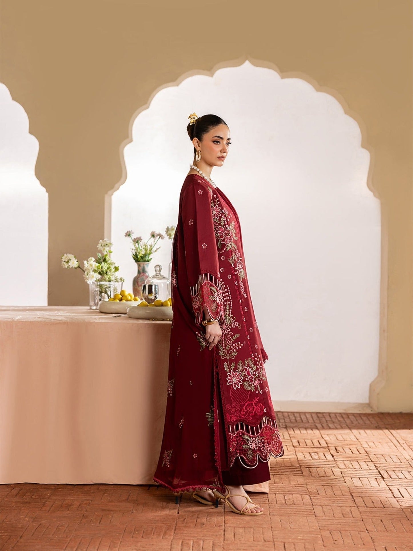 Maroon-Mahnur Morbagh Luxury Lawn'26 Embroidered Stitched 3-Piece Suit-M-10